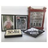 5 assorted wall art some framed and wood. See