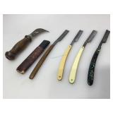 4 vintage straight razors and a knife.