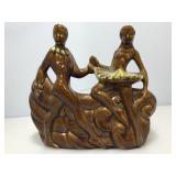 Brn glazed porcelain planter with dance figures.