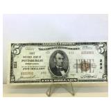1929 $5 National Note - Bank At Pittsburgh, PA