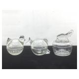 3 lidded glass bowls. Fish, elephant, chicken.