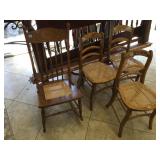 3 wood chairs and rocking chair