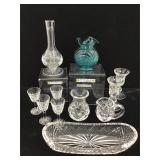 Assorted Waterford Crystal Pieces and Blue Fenton