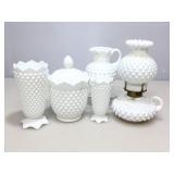 Fenton hobnail pieces. Hurricane lamp, pitcher