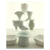 Assorted Fenton milk glass & hobnail vases &