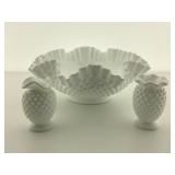 Fenton hobnail bowl & Rosebud vases