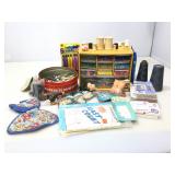 Craft lot with organizer and tin with contents -