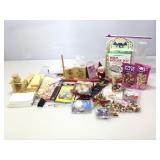 Assorted wood crafts with beads, stamps and more