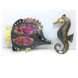 2 copper metal drip art sculptures. Fish and