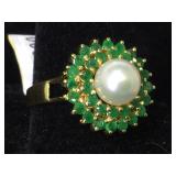 14k gold ring with a pearl and emeralds 4.1g