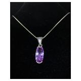Sterling Silver Necklace with Purple Glass 
8.5
