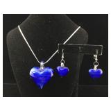 Sterling necklace and earrings with glass hearts