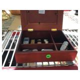 Assorted lighters and Wood photo box