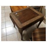 Wood ornate end table w/wicker accents, approx 26