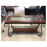 Metal hall table with glass top, approx 50 inches