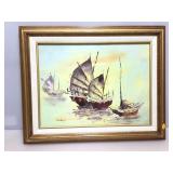 Original Oil On Canvas  Junk Boat Painting by