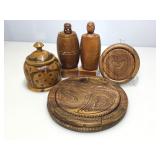 Assorted vintage carved wood items. Pair of adult
