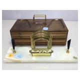 Wood and marble desktop items.