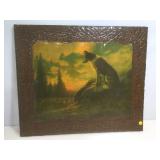 Vintage Lacquered print on board. Dog watching