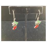 Sterling Christmas Stocking Enamel Earrings
