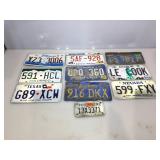 10 assorted metal vehicle license plates.