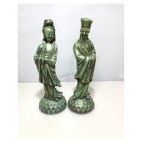 Pair of green Asian sculptures, approx 15 inches