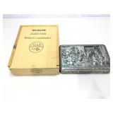 Collectible tin and wood wine box with slide lid.