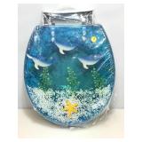 NIB. Blue Toilet seat and lid. Dolphins.