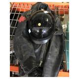 Motorcycle helmet and two black leather jackets