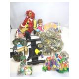 Collection of kids meal toys, pez dispensers,