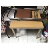 Folding table and 2 metal chairs, approx 30x30