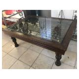 Wood coffee table with glass top, approx 4 ft x
