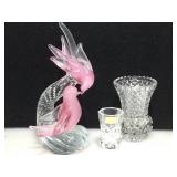 Murano style glass bird statue and crystal items.