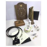 Metal horn and wooden clock with assorted