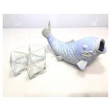 Assorted glassware. Blue fish statue and more.