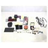 Assorted costume jewelry, empty boxes for jewelry