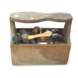 Wooden shoe shine tool caddy box with contents.