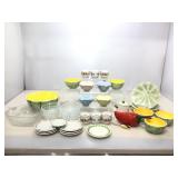 Assorted serving items. Strawberry, melon,