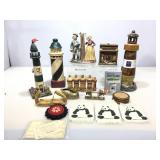 Lighthouse figures and assorted decor items.