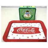 Coca cola metal tray and lunch box.