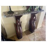 Marble top entry table with carved wood swan base