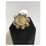 14k GOLD RING W/1853 GOLD coin& Diamonds, 10.2g