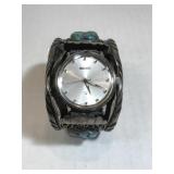 Heavy Sterling & Turquoisewatch cuff w/Seiko,166g