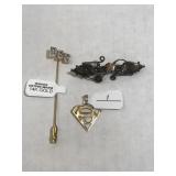 14k GOLD stick pin &Superman pendant & brooch,2.3g