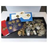 Brass coin set, cavier spoons, foreign coins& more