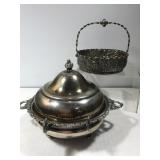 Victorian plated covered butter dish&plated basket