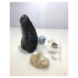 Large Obsidian Specimen and 4 Crystal Clusters