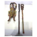 Two Tribal Wood Walking Sticks and Mask