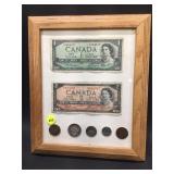 Candian money and coins framed