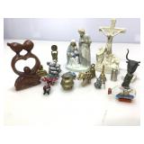 Assorted figurines and decorative items.